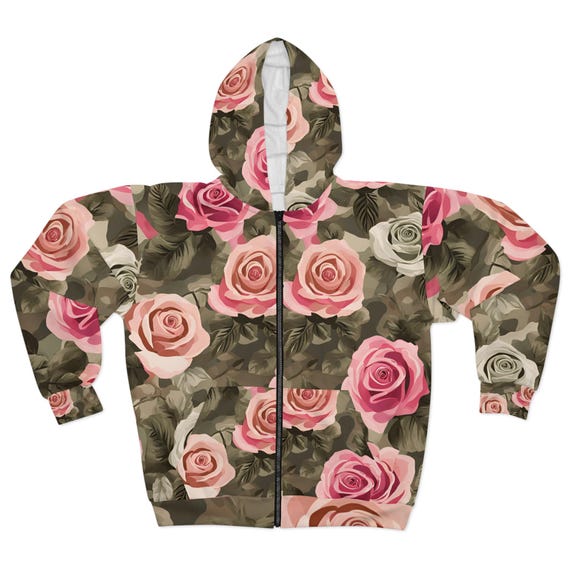 Camouflage Roses Zip Hoodie: Unisex Floral Sweatshirt