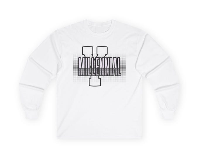Graphic Tee, 'Millennial' Black and White Long Sleeve Shirt - Unisex, Cotton, Letter 'Y' Design, Trendy Gift, Hipster Top, Vintage Style,