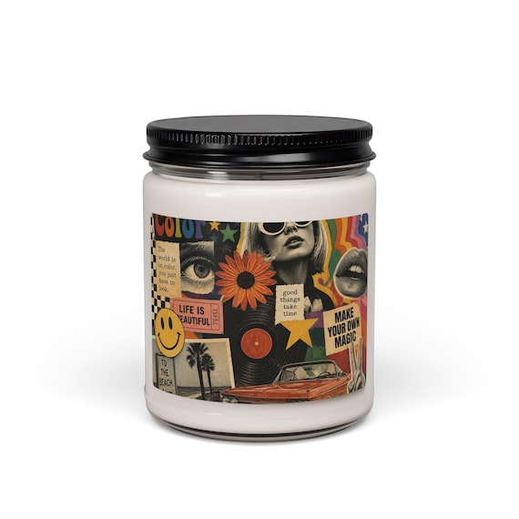 Retro 70s Collage Soy Candle | Fall Winter Scented Jar