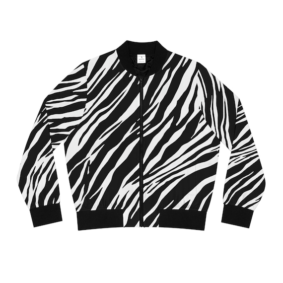 Tiger Stripe Bomber Jacket: Women's Black & White Animal Print Outerwear