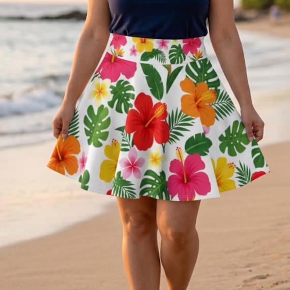 Tropical Hibiscus Floral Skater Skirt | Hawaiian Flower Print
