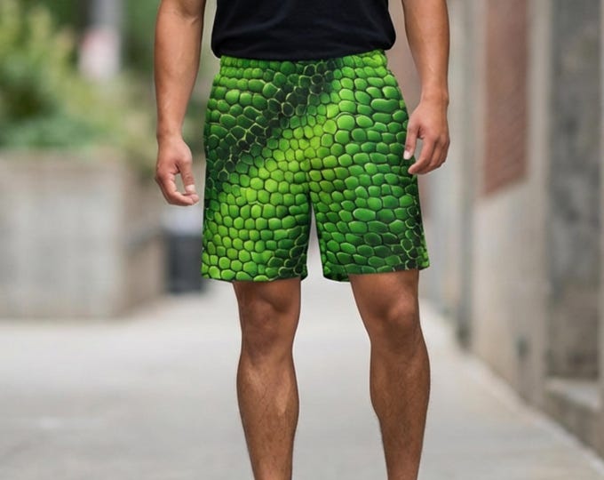 Featured listing image: Green Snake Skin Pattern Men's Sports Shorts | All-Over Print