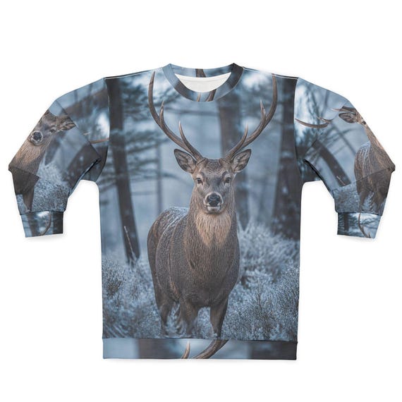 Majestic Stag Forest Allover Print Sweatshirt | Deer Wildlife Winter Scene