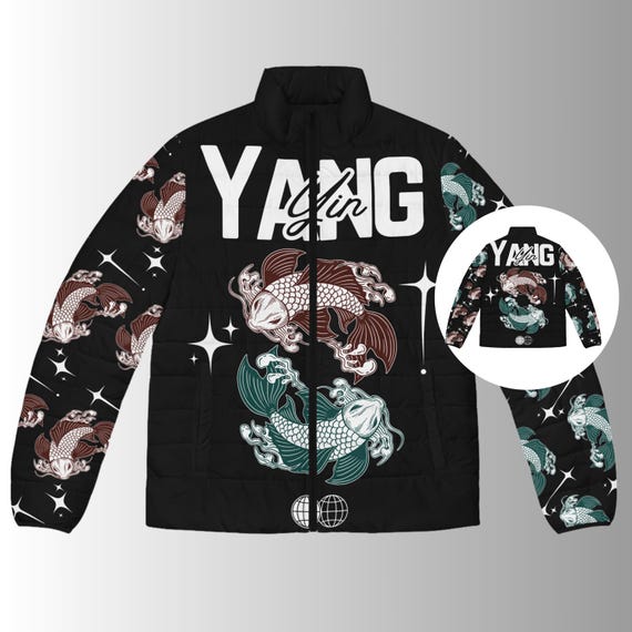 Yin Yang Koi Fish Puffer Jacket: Men's Streetwear Coat