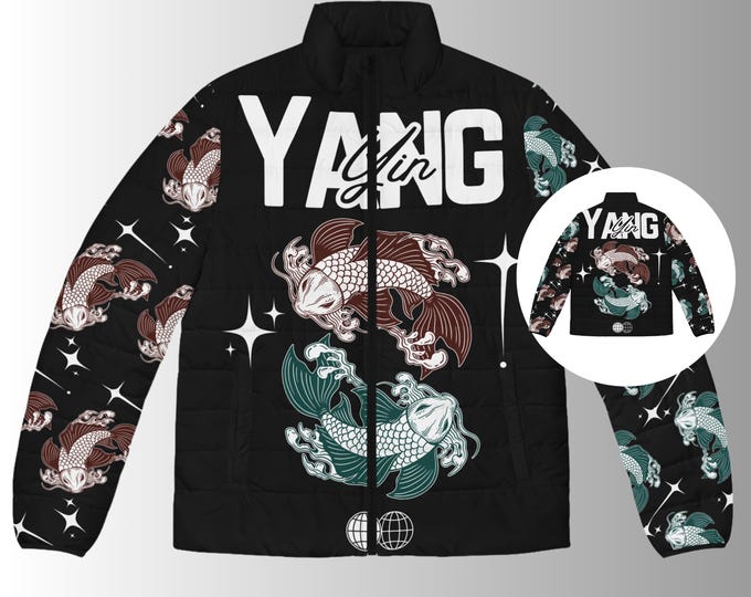 Yin Yang Puffer Jacket  Koi Fish , Men's Winter Coat, Outerwear Gift for Him, Streetwear Fashion Statement