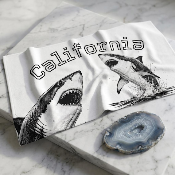 California Sharks Beach Towel | Hand-Drawn White Shark Illustration