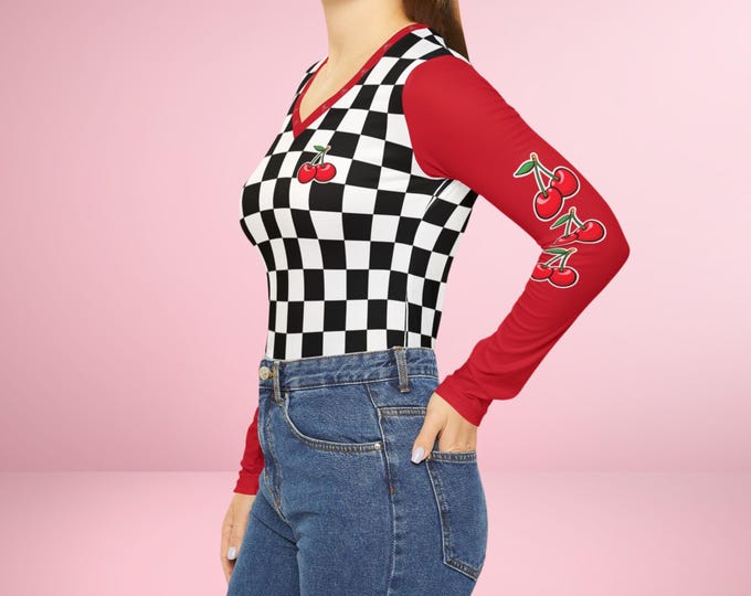 Checkerboard Cherry V-Neck Shirt for Women, Trendy Long Sleeve Top, Casual Wear, Gift for Fashion Lovers, Vintage Inspired Apparel