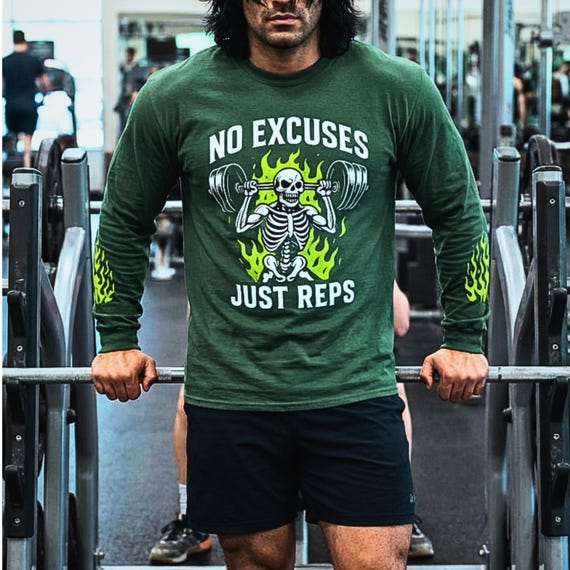 No Excuses Just Reps Skeleton Weightlifting Long Sleeve Shirt | Gym Workout Tee