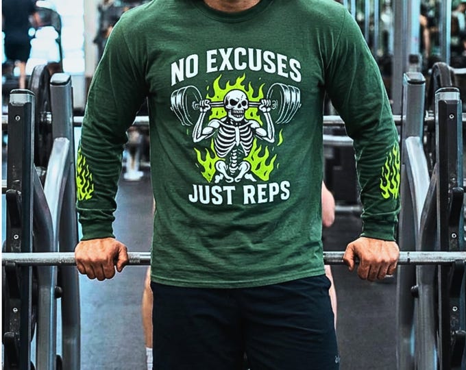 Featured listing image: No Excuses Just Reps Skeleton Weightlifting Long Sleeve Shirt | Gym Workout Tee