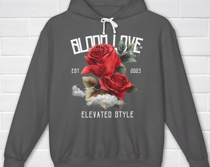 Bloom Love Rose Hoodie, Elevated Style Sweatshirt, Floral Graphic Lightweight Hoody, Vacation Pullover Rose Design