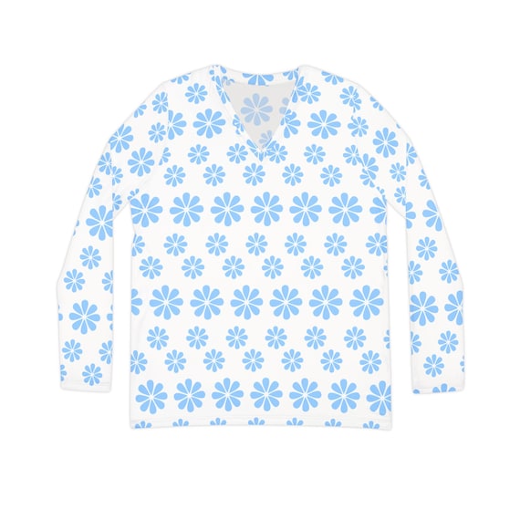 Blue Daisy Pattern V-neck Shirt