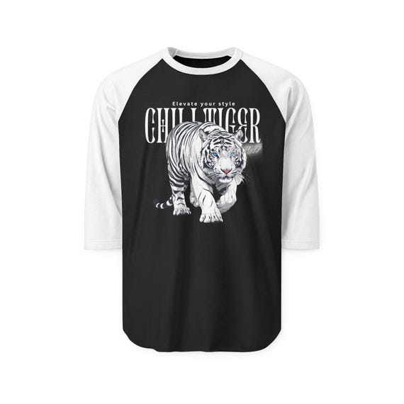 White Tiger Raglan Shirt | Vintage Varsity Wildlife Graphic | 3/4 Sleeve Lightweight Baseball Tee
