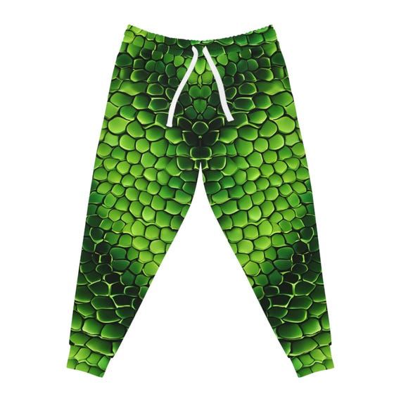 Green Snake Skin Print Athletic Joggers: Reptile Fitness Leggings