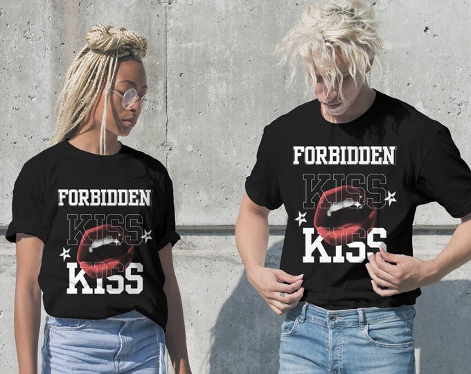 Forbidden Kiss Graphic Tee, Bold Lips T-Shirt, Kiss Unisex Shirt, Couple Streetwear