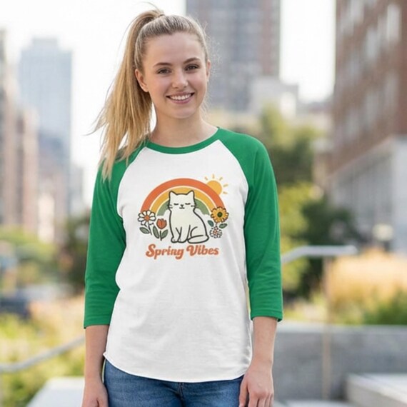 Spring Vibes Cat Raglan Shirt | Retro Rainbow Floral