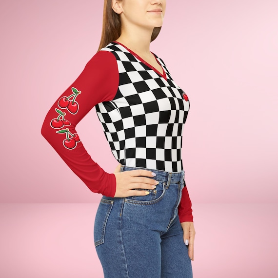 Checkerboard Cherry V-Neck Long Sleeve Shirt