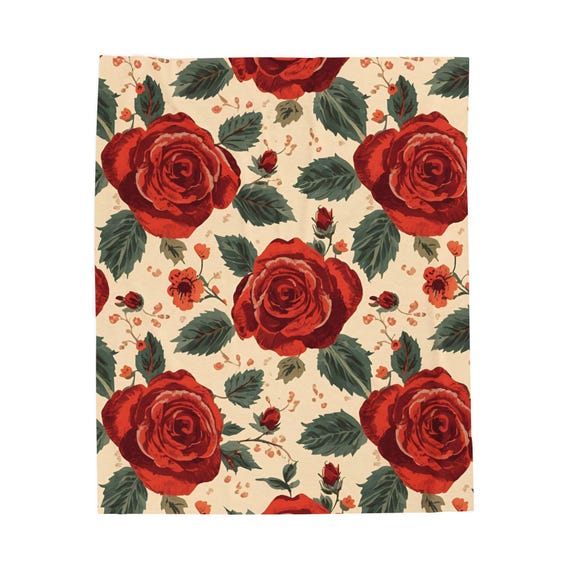 Red Roses Velveteen Plush Blanket, Floral Throw, Cozy Bedding