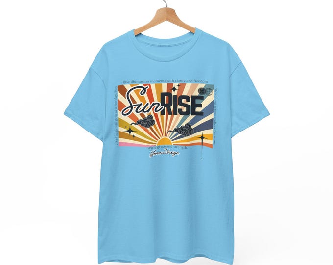 Sunrise Unisex Heavy Cotton Tee, Sunrise with Sun Ray Colors, Clouds, Poem Design, Yemozdesign, Inspirational Graphic Tee, Nature Lover Gift