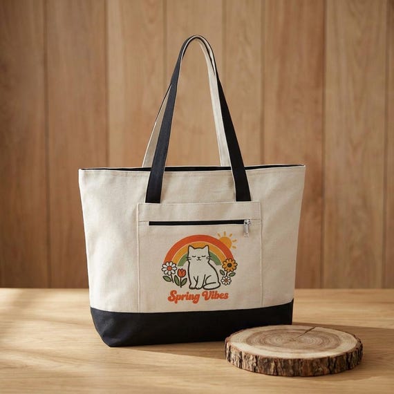 Spring Vibes Cat Zippered Canvas Tote | Retro Rainbow Floral