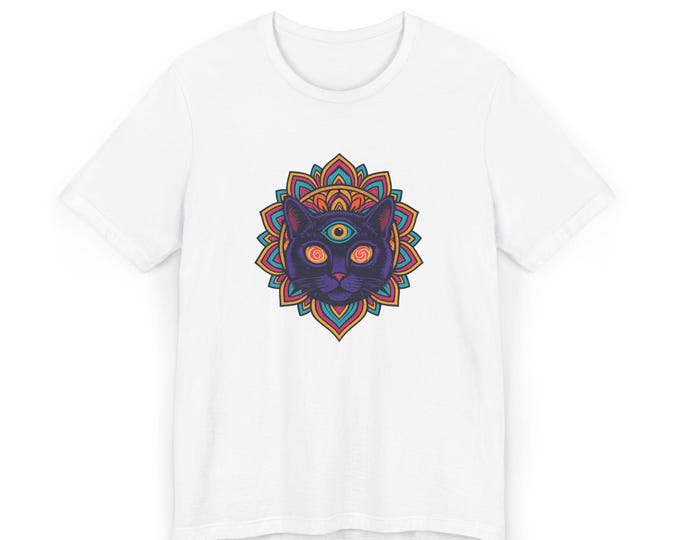 Colorful Cat Mandala Unisex Jersey T-Shirt, Boho Festival Top and Gift for Cat Lovers