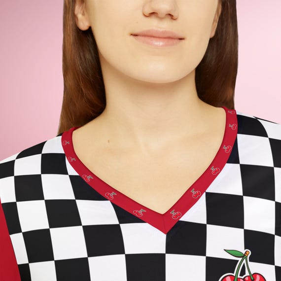 Checkerboard Cherry V-Neck Long Sleeve Shirt