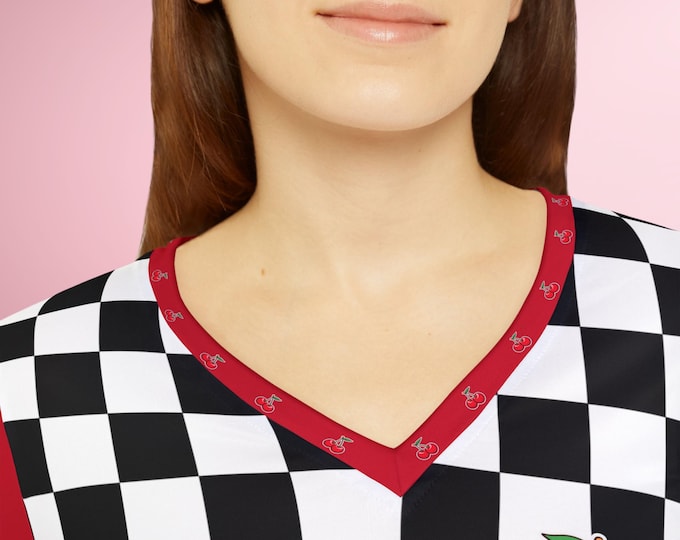 Checkerboard Cherry V-Neck Long Sleeve Shirt