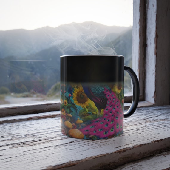 Lucky Peacock Color Morphing Mug 11oz,  Peacock Mushrooms and Sunflowers