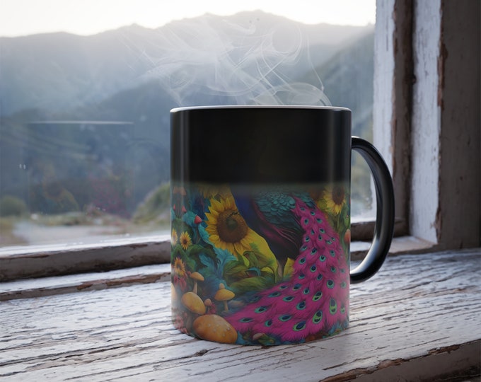 Lucky Peacock Color Morphing Mug 11oz,  Peacock Mushrooms and Sunflowers