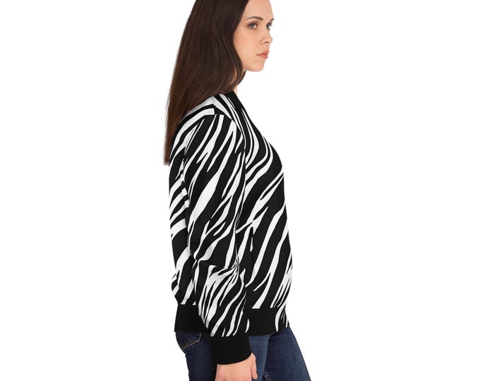 Tiger Stripes Bomber Jacket, Black and White Women's Outerwear, Trendy Animal Print Coat, Fashion Statement Clothing, Unique Zip Up Jacket,