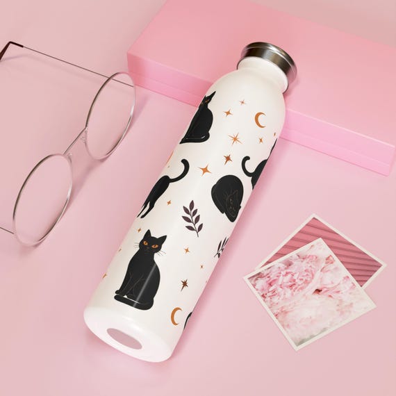 Black Cats and Pumpkins Slim Water Bottle | Halloween Cat Pattern