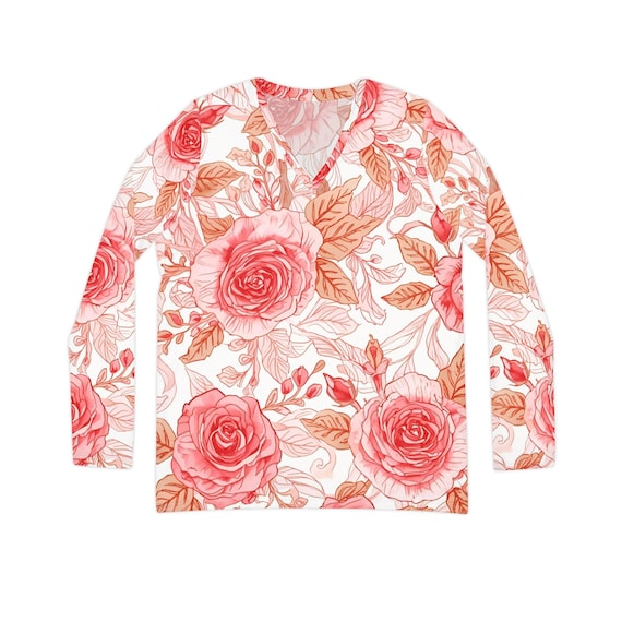 Floral V-Neck Long Sleeve Shirt, Lightweight Women's Top