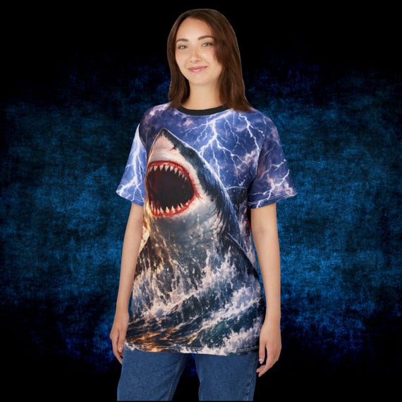 Roaring Shark All Over Print Tee | Lightning Ocean Shark Graphic