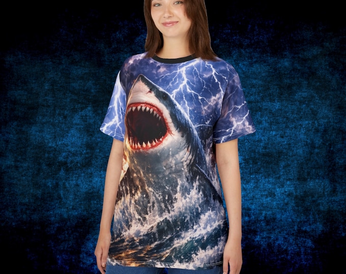 Roaring Shark All Over Print Tee | Lightning Ocean Shark Graphic