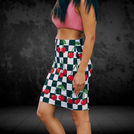 Cherry Checkered Pencil Skirt: Mid-Waist 4-Way Stretch