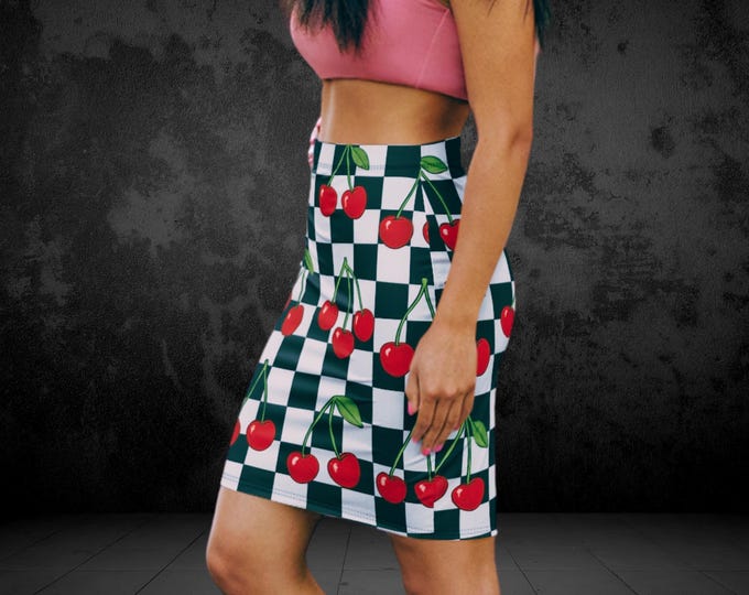 Cherry Checkered Mid-Waist Pencil Skirt, Trendy Skirt, Summer Outfit, Casual Chic, Vintage Style, Party Wear, Gift for Her