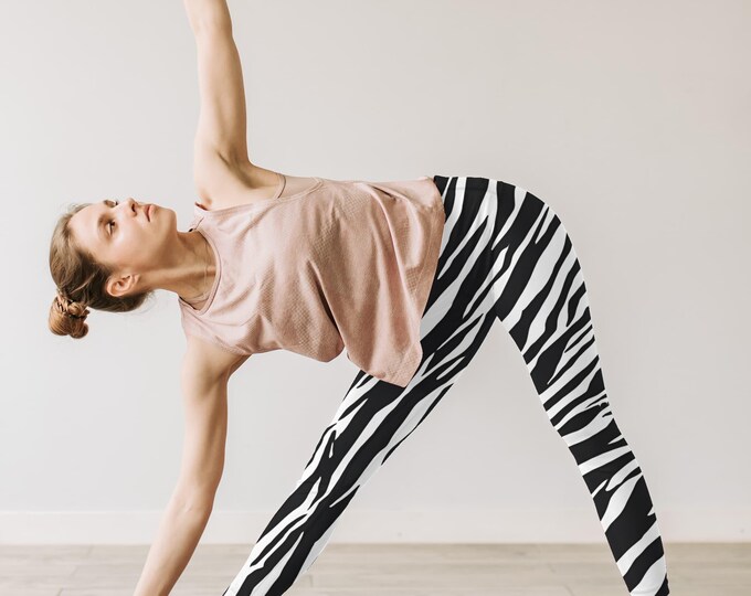 Leggings, Black and White Tiger Print Women's Cut & Sew Casual Pants, Animal Print Stretchy Yoga Leggings, Monochrome Safari Workout Tights,
