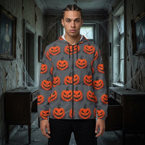 Jack-o'-Lantern Pattern Windbreaker | Halloween Pumpkin Jacket