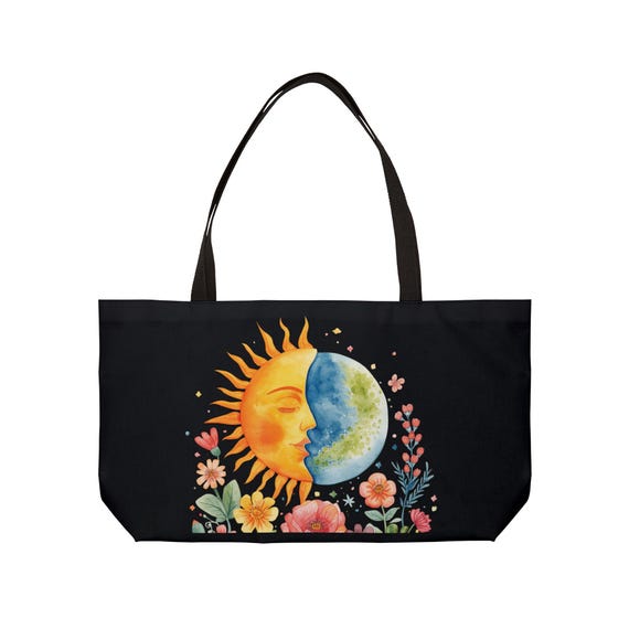 Sun and Moon Floral Weekender Tote Bag | Celestial Watercolor Tote