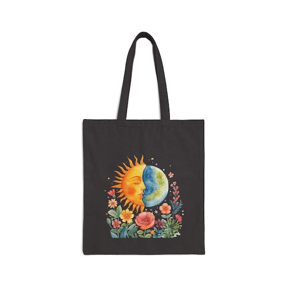 Sun and Moon Floral Illustration Tote Bag | Celestial Garden Canvas Tote