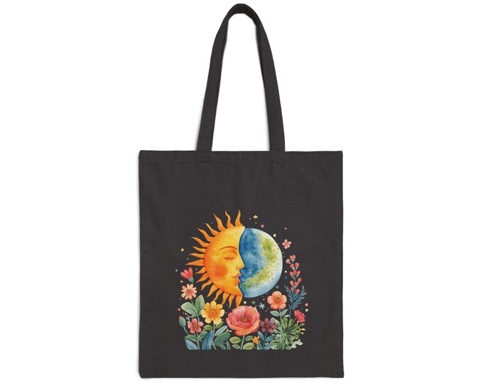 Sun and Moon Floral Illustration Tote Bag | Celestial Garden Canvas Tote
