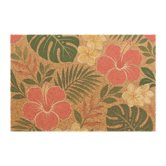 Tropical Hibiscus Floral Doormat | Palm Leaves Coir Entry Mat