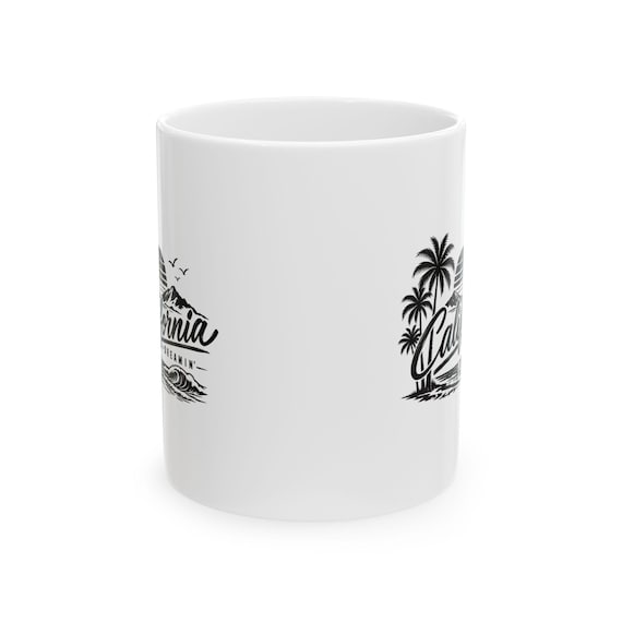 California Palm Tree Beach Illustration Mug | Surf Retro Ceramic Mug