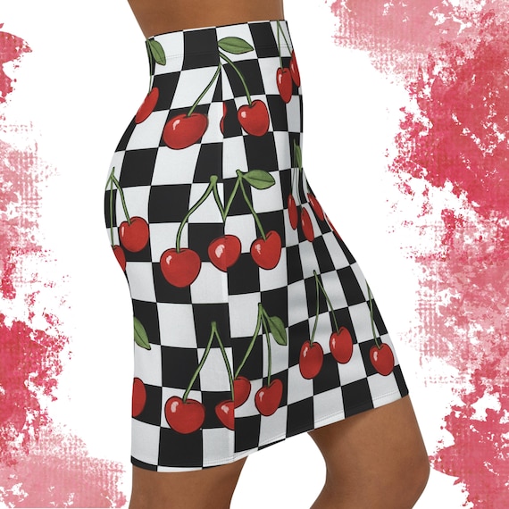 Cherry Checkered Pencil Skirt: Mid-Waist 4-Way Stretch