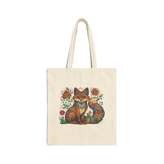 Floral Folk Art Fox Tote Bag | Canvas Market Shopper