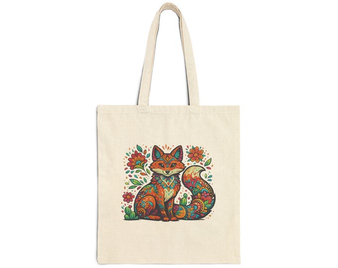 Floral Folk Art Fox Tote Bag | Canvas Market Shopper
