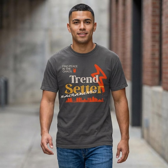 Trend Setter Sacramento T-shirt | City Skyline, Lightning Bolt, Find Peace Graphic