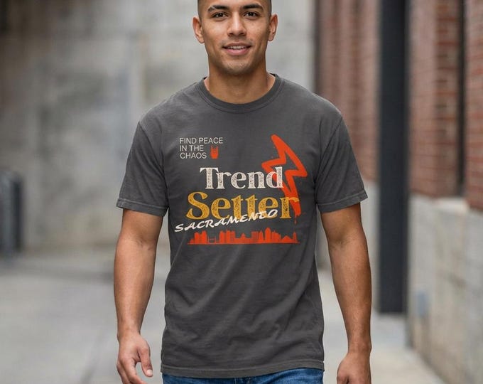 Trend Setter Sacramento T-shirt | City Skyline, Lightning Bolt, Find Peace Graphic