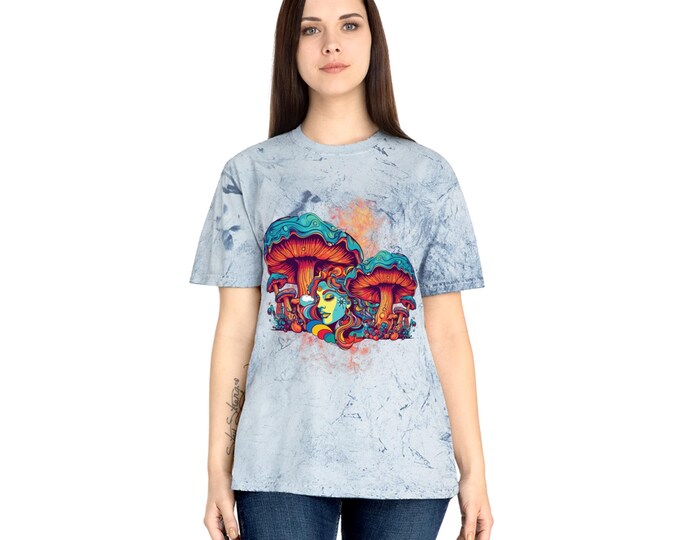 Color Blast T-Shirt, Psychedelic Girl in Mushrooms, Unisex Tee, Vibrant Festival Clothing, Trippy Mushroom Graphic Shirt