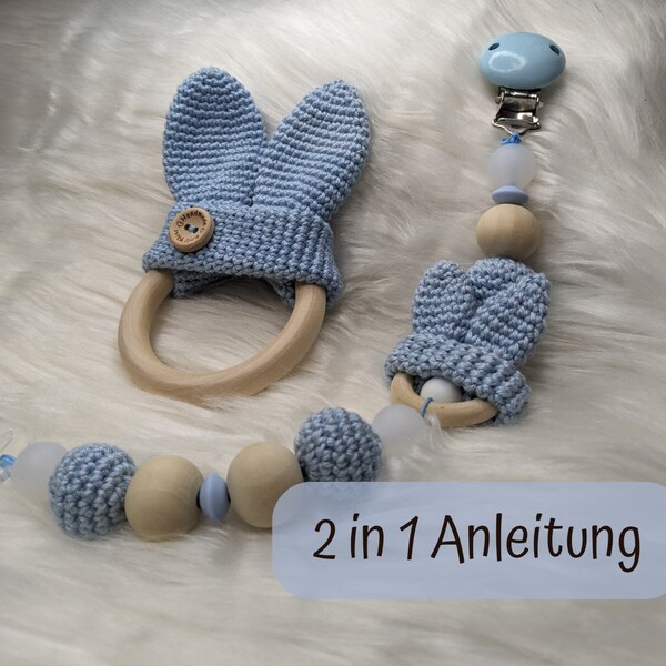 Instructions au crochet 2en1 chaîne tétine + anneau de préhension oreilles de lapin allemand