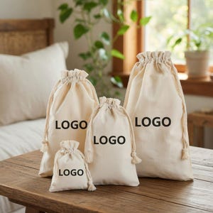Eco-Friendly 100% Cotton Drawstring Bag with Custom Printed Logo, Reusable Tote, Perfect Gift Idea, Handmade Style, Washable, Unique